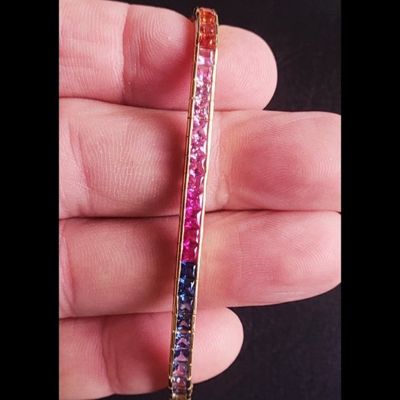 Rainbow Sapphire 18Kt, Princess Cut, Natural Square Sapphires, Tennis Bracelet - Picture 2 of 13